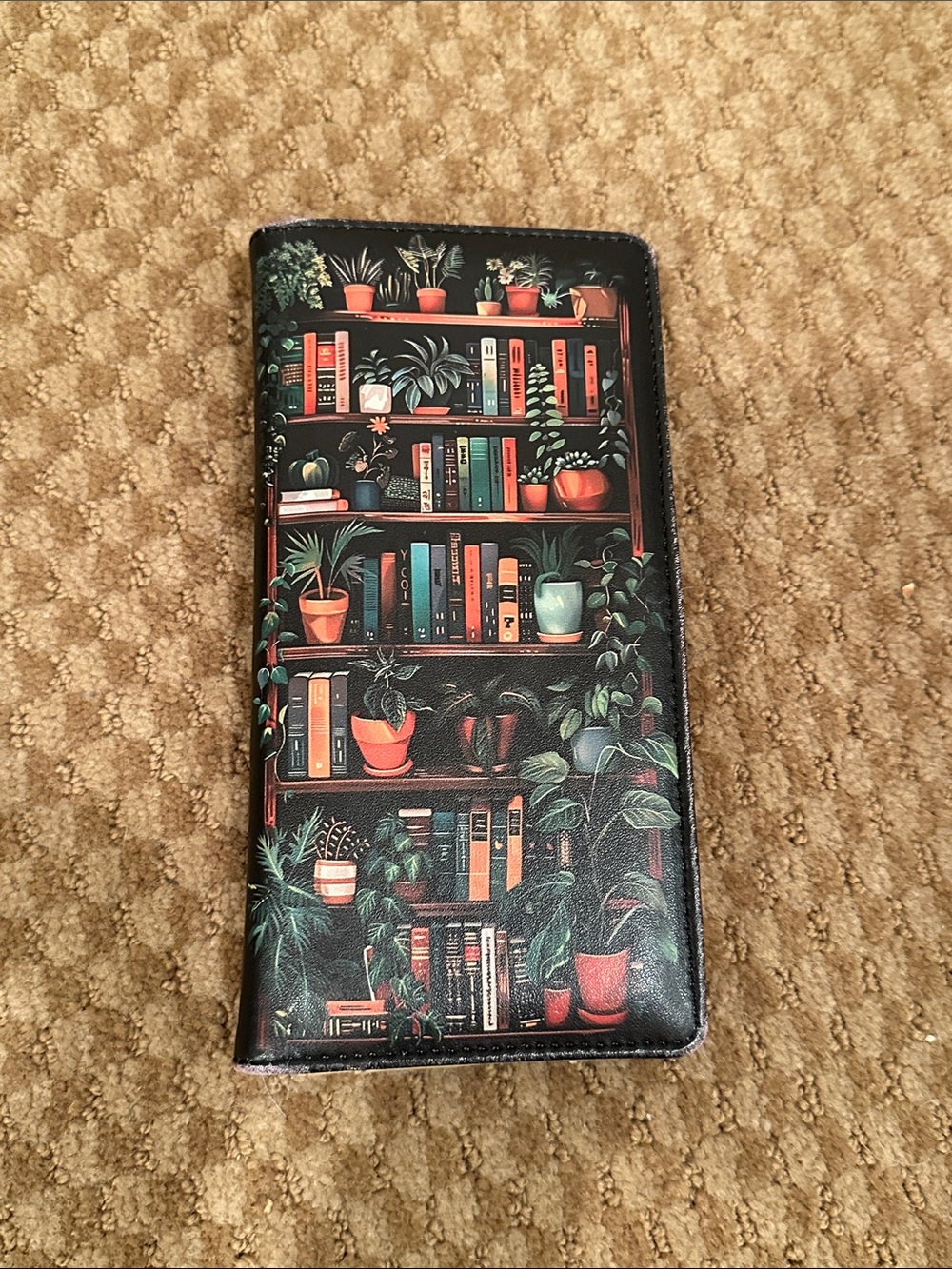 Decorative Bookcase & Plant Print Faux Leather Desk Wallet - Black